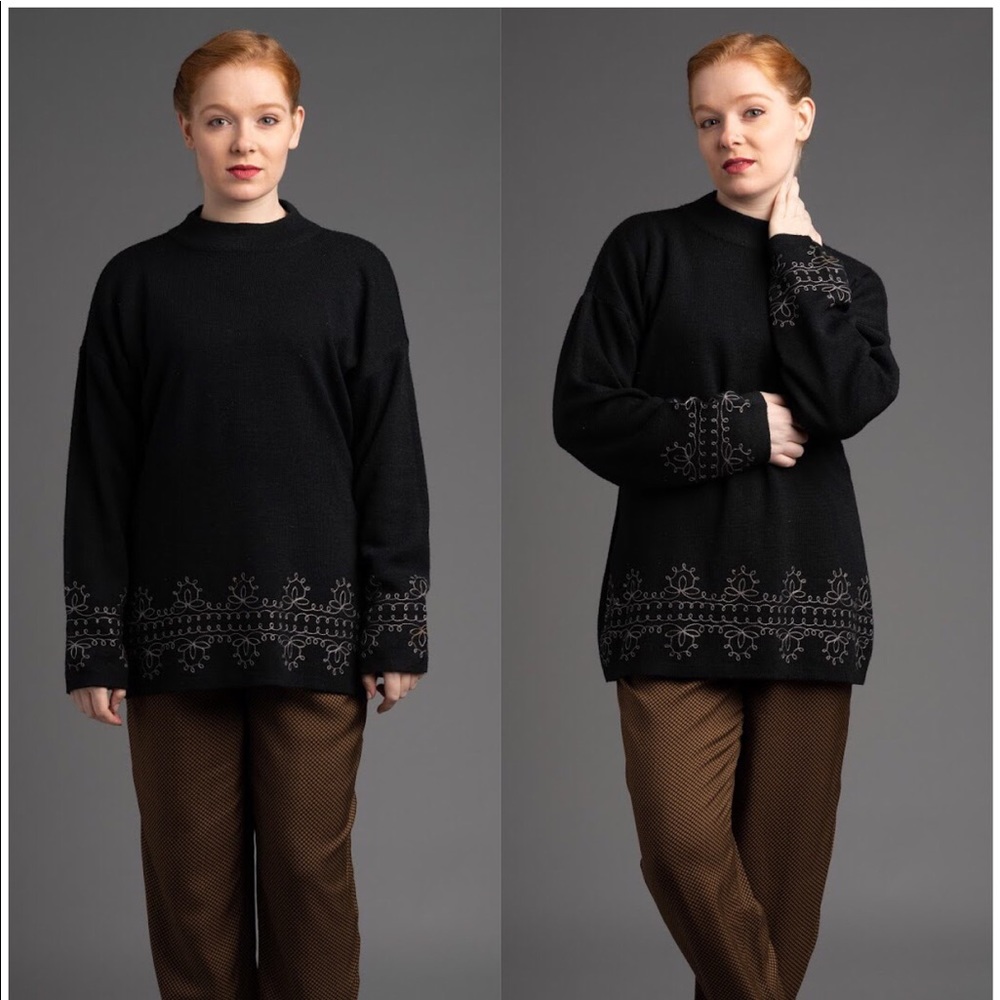 Black Sweater With Stitched Floral Designs